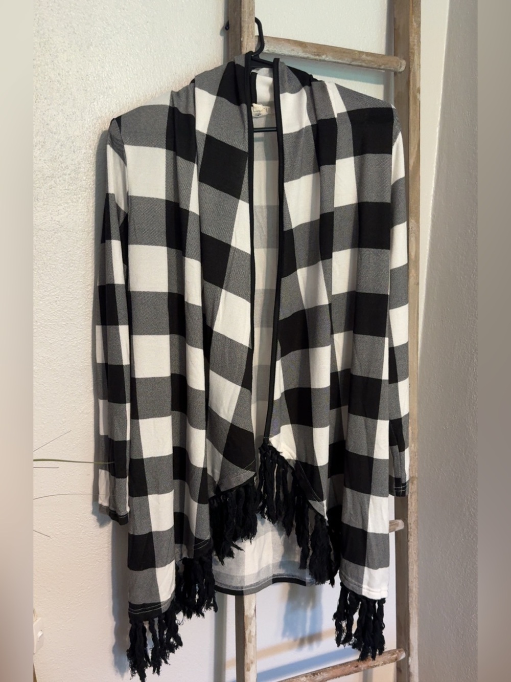 Main Strip Black and White Buffalo Check Fringe Open-Front Cardigan
